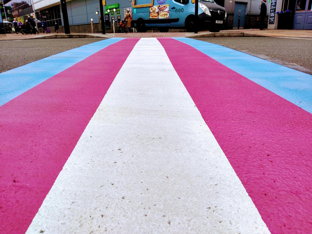 Un passage piéton aux couleurs du drapeau transgenre