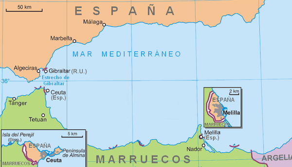 Carte de la Méditerranée, avec les enclaves espagnoles de Ceuta et Melilla