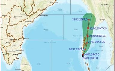 Carte du déplacement du cyclone Asani en baie du Bengale