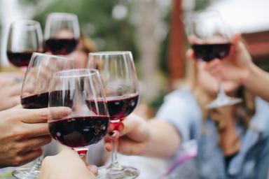 des personnes en train de trinquer avec des verres de vin rouge