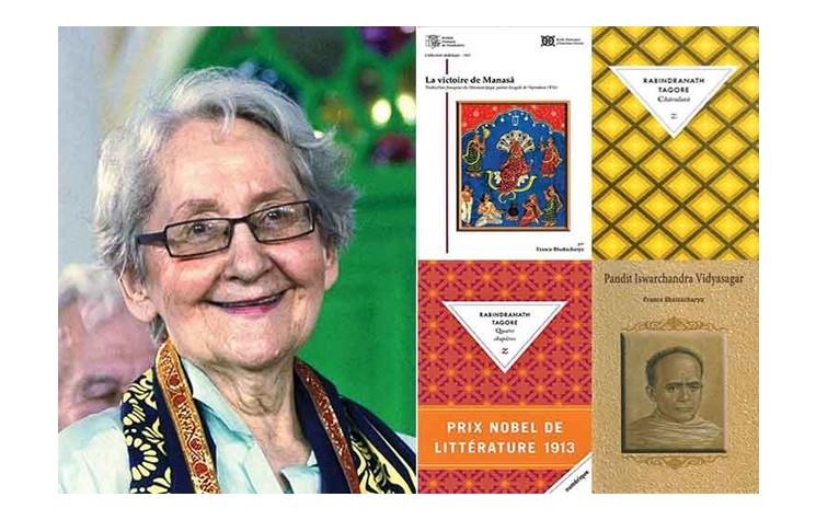 France Bhattacharya et quelques uns des livres qu'elle a traduit du Bengali