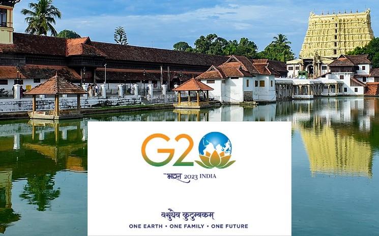 Le logo du G20 India sur fond de temple du Kerala