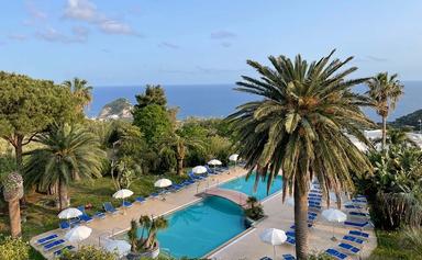 piscine en plein air avec palmiers vue sur la mer