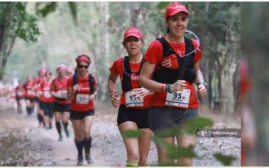   Les participants ont couru en ligne dans la jungle autour du complexe de temples d'Angkor Thom le 20 mars. Photo : Chea Youkeang