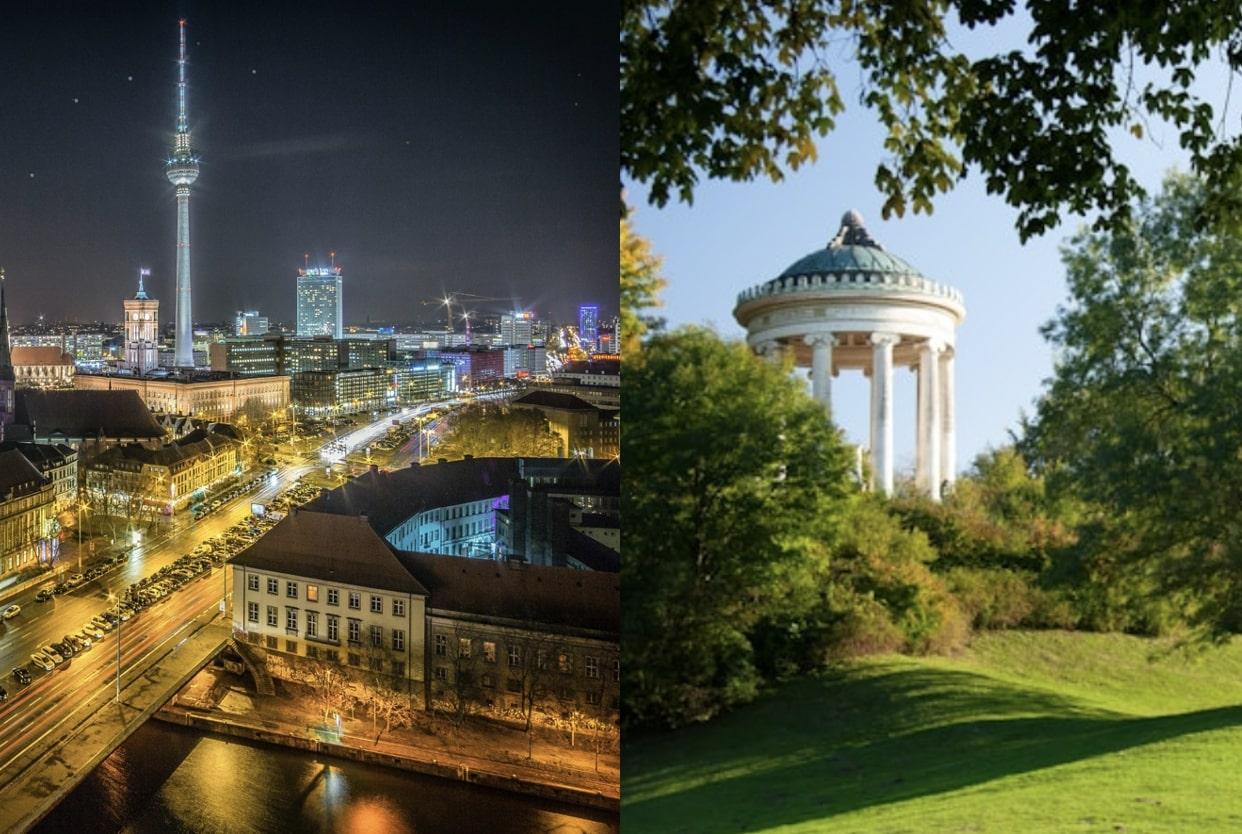 À gauche, photo aérienne de Berlin. À droite, photo du englischer Garten à Munich