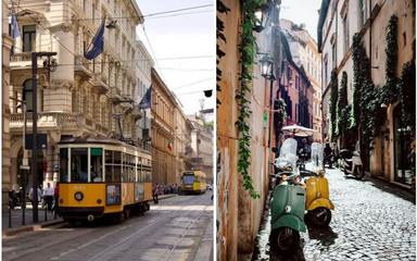 tram jaune à milan et vespas dans rue de rome